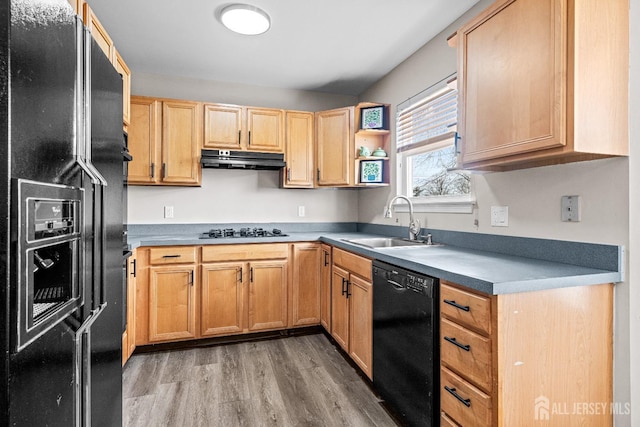 kitchen featuring light brown cabinetry, a sink, black appliances, under cabinet range hood, and light wood-type flooring