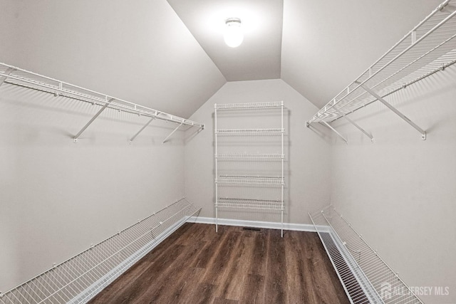 spacious closet with vaulted ceiling and wood finished floors