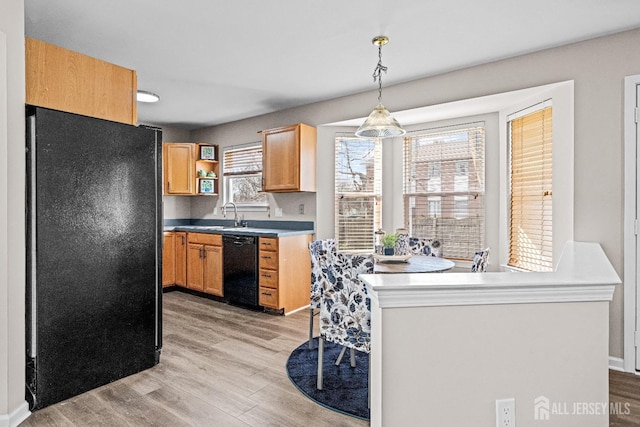 kitchen featuring light wood-type flooring, black appliances, decorative light fixtures, open shelves, and a sink