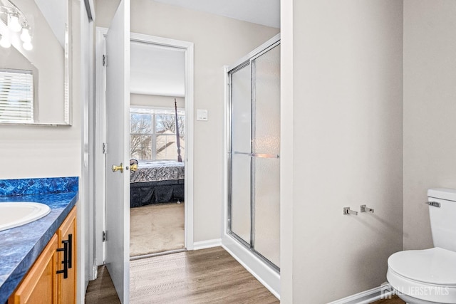 ensuite bathroom with a shower stall, toilet, ensuite bathroom, wood finished floors, and vanity