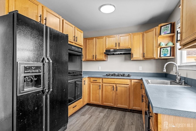 kitchen with a sink, under cabinet range hood, light wood-type flooring, black appliances, and open shelves