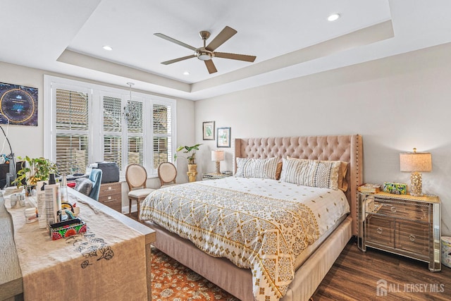 6 Traditions Pl, Monroe, NJ 08831 - bedroom with a raised ceiling, dark wood-style flooring, recessed lighting, and ceiling fan