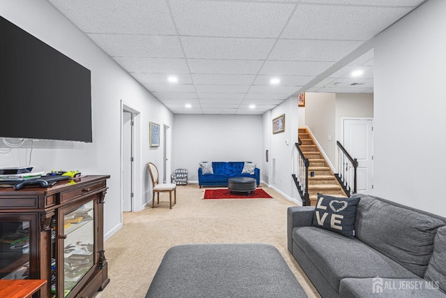 6 Traditions Pl, Monroe, NJ 08831 - living area featuring carpet floors, stairs, recessed lighting, and a paneled ceiling