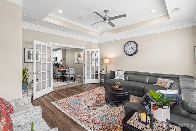 6 Traditions Pl, Monroe, NJ 08831 - living room featuring french doors, a raised ceiling, a ceiling fan, crown molding, and recessed lighting
