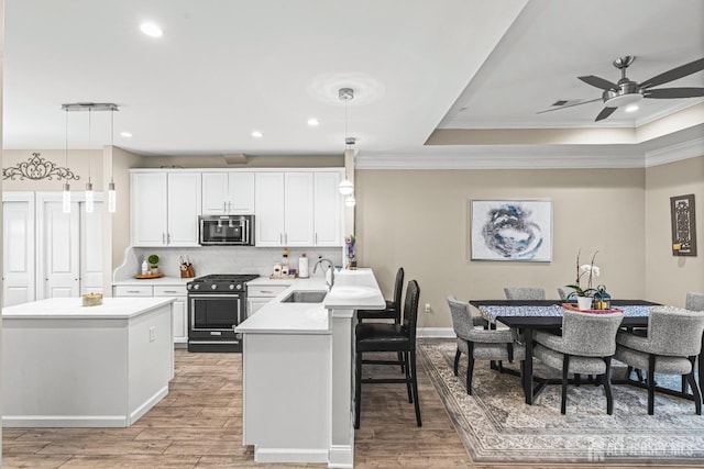 6 Traditions Pl, Monroe, NJ 08831 - kitchen with stainless steel appliances, light wood-style floors, a ceiling fan, decorative backsplash, and light countertops