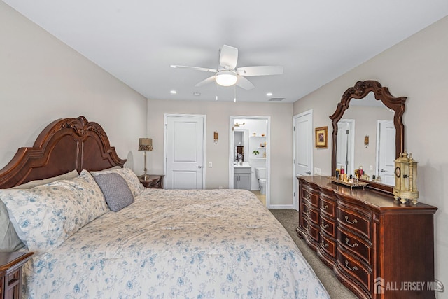 6 Traditions Pl, Monroe, NJ 08831 - bedroom featuring dark carpet, recessed lighting, ensuite bathroom, and ceiling fan