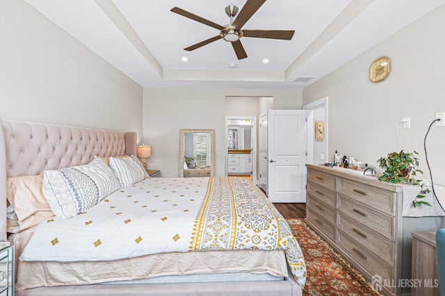6 Traditions Pl, Monroe, NJ 08831 - bedroom featuring a raised ceiling, ensuite bathroom, dark wood finished floors, a ceiling fan, and recessed lighting