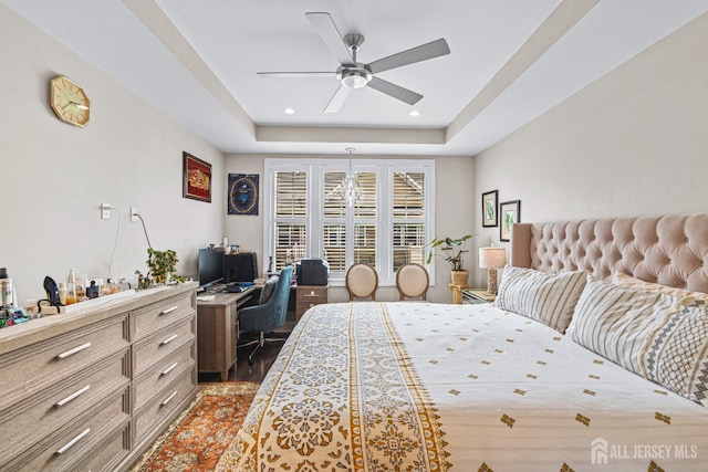 6 Traditions Pl, Monroe, NJ 08831 - bedroom with an office area, a raised ceiling, wood finished floors, ceiling fan, and recessed lighting