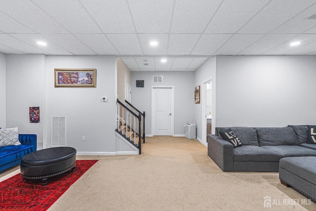 6 Traditions Pl, Monroe, NJ 08831 - living room featuring carpet flooring, recessed lighting, stairs, and a drop ceiling