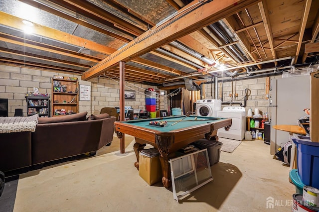 30 Forest Garden Dr, Old Bridge, NJ 07747 - recreation room with washer and dryer, unfinished concrete flooring, and pool table
