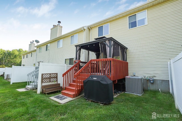30 Forest Garden Dr, Old Bridge, NJ 07747 - rear view of property featuring a wooden deck, a chimney, and stairway