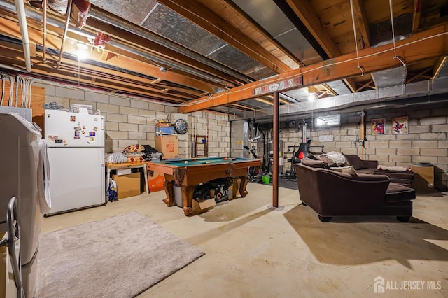 30 Forest Garden Dr, Old Bridge, NJ 07747 - unfinished basement featuring freestanding refrigerator, pool table, and washer / clothes dryer