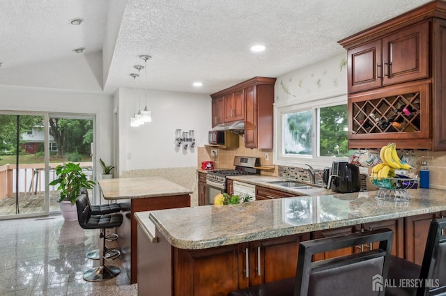 9 Merion Dr, Manalapan, NJ 07726 - kitchen featuring stainless steel gas range, a sink, a peninsula, healthy amount of natural light, and a textured ceiling