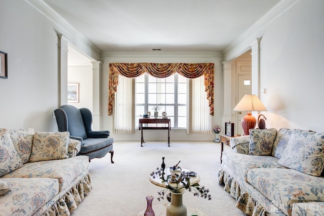 543 Waterside Blvd, Monroe, NJ 08831 - carpeted living area featuring decorative columns and ornamental molding