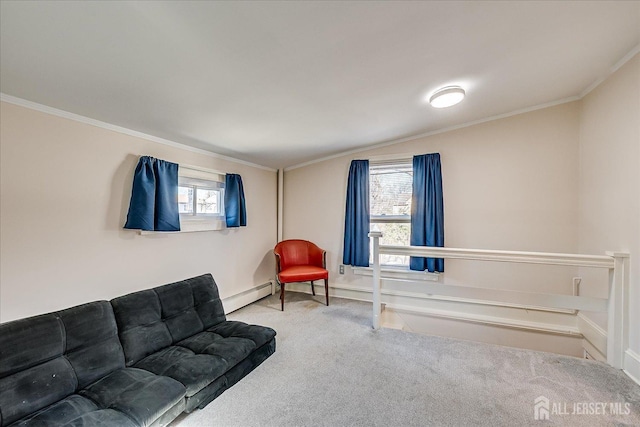 carpeted living area with a baseboard radiator, plenty of natural light, baseboards, and ornamental molding