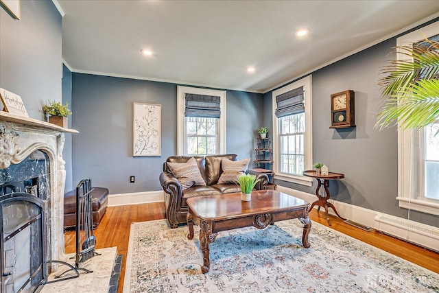 living area featuring crown molding, wood finished floors, a fireplace, baseboards, and recessed lighting