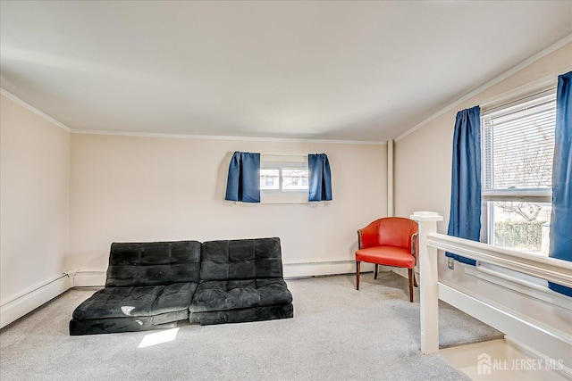 sitting room featuring a baseboard radiator, carpet floors, ornamental molding, and baseboards