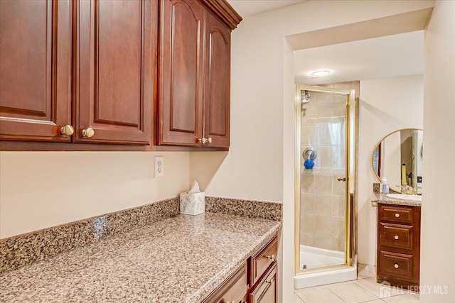 full bathroom with vanity, tile patterned flooring, and a shower stall