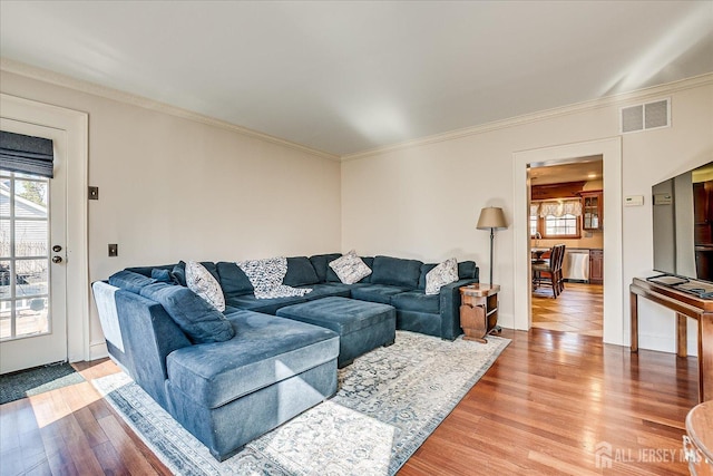 living room with light wood-type flooring, visible vents, and crown molding