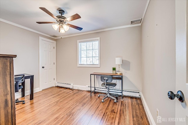 office area featuring a baseboard heating unit, wood finished floors, visible vents, and ceiling fan