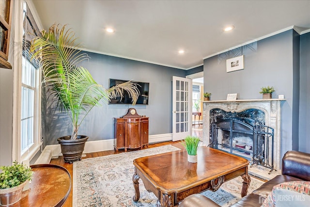 living room with crown molding, wood finished floors, a premium fireplace, baseboards, and recessed lighting
