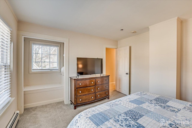 carpeted bedroom with baseboards, baseboard heating, and ornamental molding