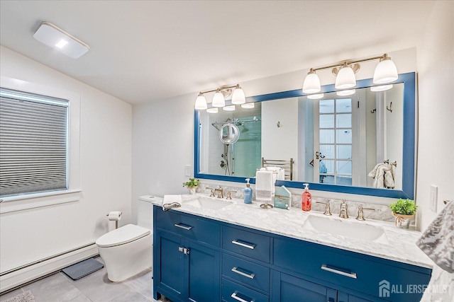 bathroom with baseboard heating, a sink, a shower stall, and toilet
