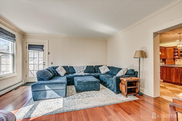 living room featuring a baseboard radiator, a chandelier, wood finished floors, and ornamental molding