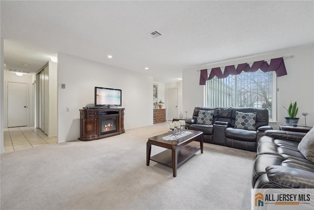 living room featuring light colored carpet