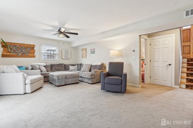 522 Hancock St, Middlesex, NJ 08846 - living area with crown molding, carpet, a ceiling fan, and stairs