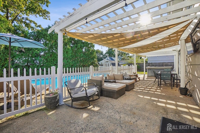 522 Hancock St, Middlesex, NJ 08846 - fenced backyard featuring a hot tub, a pergola, a patio area, and outdoor lounge area