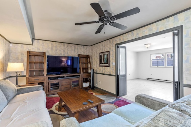 living room featuring a baseboard radiator, wallpapered walls, crown molding, and ceiling fan