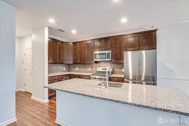 kitchen featuring tasteful backsplash, visible vents, stainless steel appliances, light wood-type flooring, and a sink