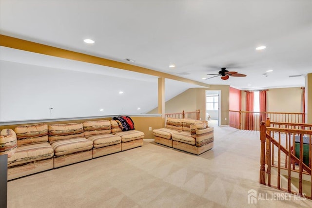 56 Kings Mill Rd, Monroe, NJ 08831 - living room featuring ceiling fan, light colored carpet, recessed lighting, and vaulted ceiling