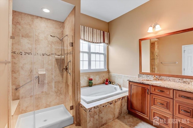 56 Kings Mill Rd, Monroe, NJ 08831 - bathroom featuring a bath, vanity, a stall shower, and tile patterned flooring
