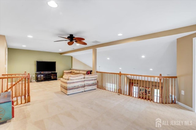 56 Kings Mill Rd, Monroe, NJ 08831 - unfurnished living room featuring ceiling fan, carpet floors, recessed lighting, and lofted ceiling