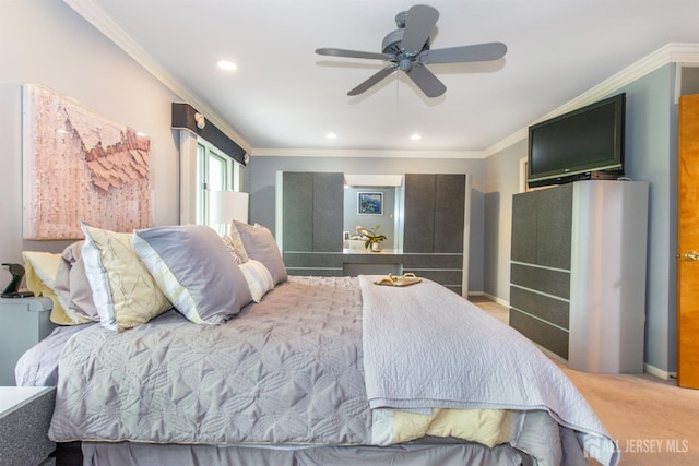 13 Clinton Ave, Edison, NJ 08820 - bedroom featuring crown molding, carpet floors, recessed lighting, and a ceiling fan