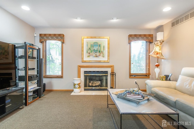 13 Clinton Ave, Edison, NJ 08820 - living area with a glass covered fireplace, carpet, baseboards, and recessed lighting