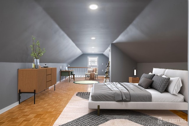 bedroom featuring recessed lighting, vaulted ceiling, and baseboards
