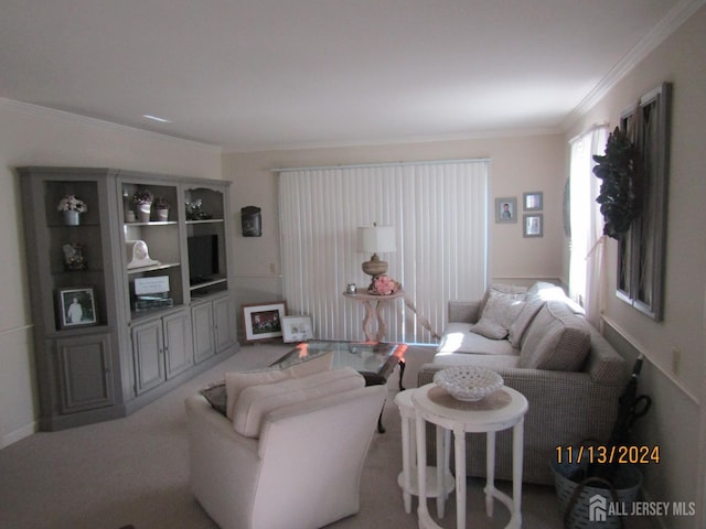 carpeted living area featuring crown molding