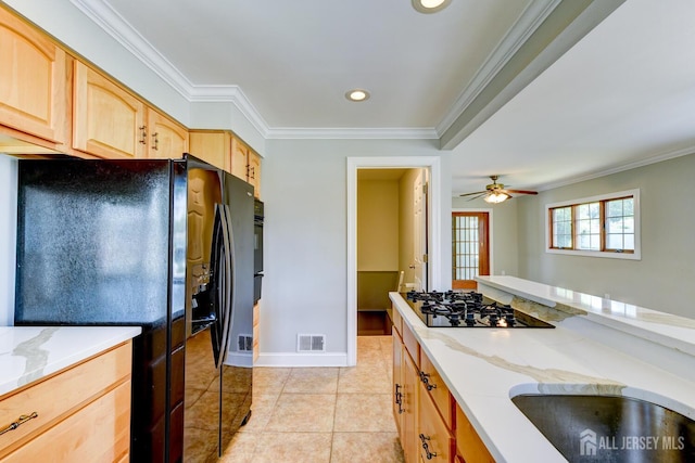 21 Princeton Rd, Old Bridge, NJ 08859 - kitchen featuring black appliances, light brown cabinetry, light tile patterned floors, crown molding, and light stone counters