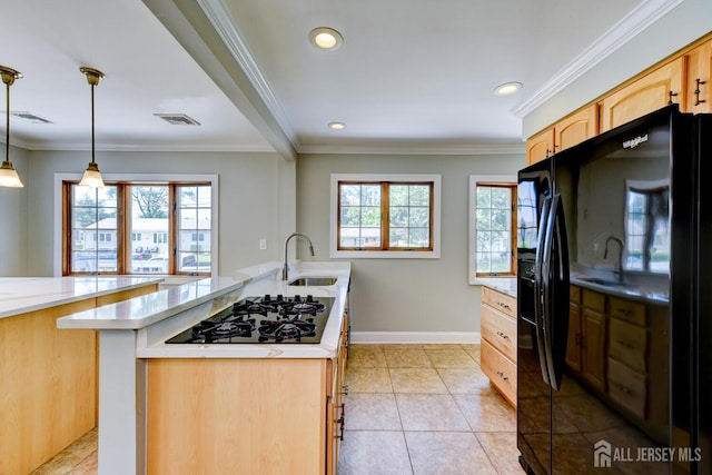 21 Princeton Rd, Old Bridge, NJ 08859 - kitchen with black appliances, light countertops, crown molding, light brown cabinets, and light tile patterned floors