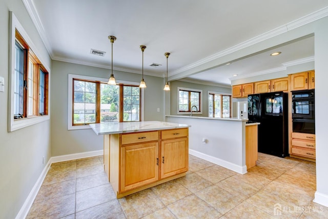 21 Princeton Rd, Old Bridge, NJ 08859 - kitchen featuring black appliances, a center island, a warming drawer, light countertops, and pendant lighting