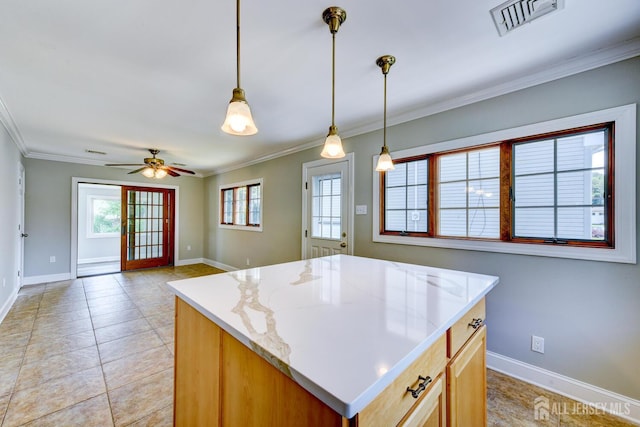 21 Princeton Rd, Old Bridge, NJ 08859 - kitchen featuring ceiling fan, crown molding, pendant lighting, light tile patterned flooring, and a kitchen island