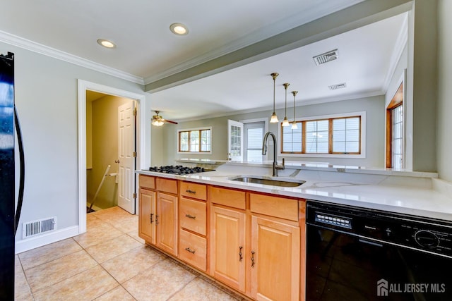 21 Princeton Rd, Old Bridge, NJ 08859 - kitchen featuring black appliances, light stone countertops, ornamental molding, light tile patterned floors, and recessed lighting