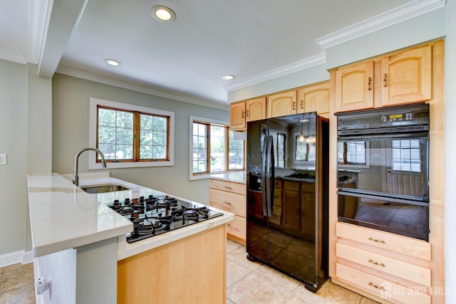 21 Princeton Rd, Old Bridge, NJ 08859 - kitchen with black appliances, a warming drawer, light brown cabinets, crown molding, and a peninsula