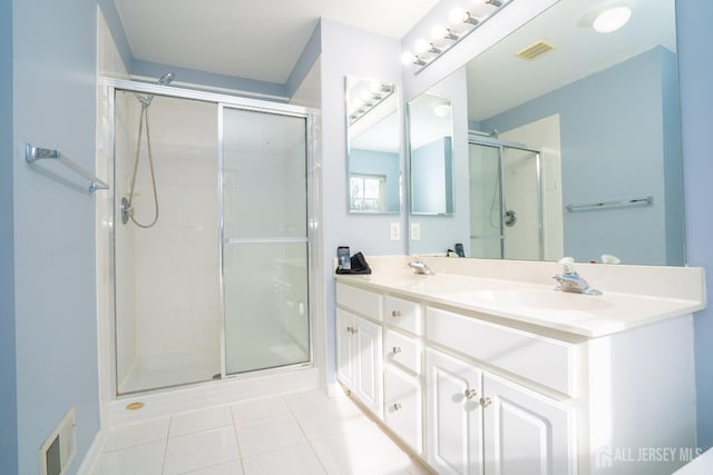 bathroom with tile patterned floors, visible vents, a stall shower, and a sink