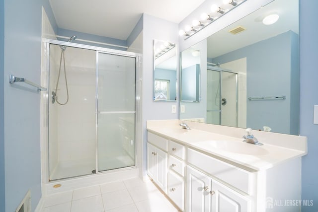 bathroom with tile patterned floors, visible vents, a stall shower, and a sink
