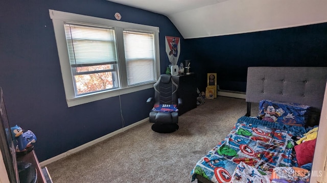 bedroom with carpet, lofted ceiling, baseboards, and baseboard heating