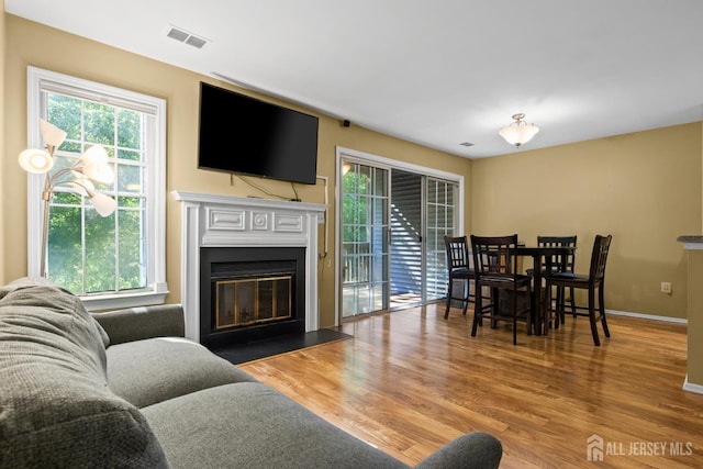6072 Cedar Ct, South Brunswick, NJ 08852 - living area with plenty of natural light, wood finished floors, a glass covered fireplace, and baseboards